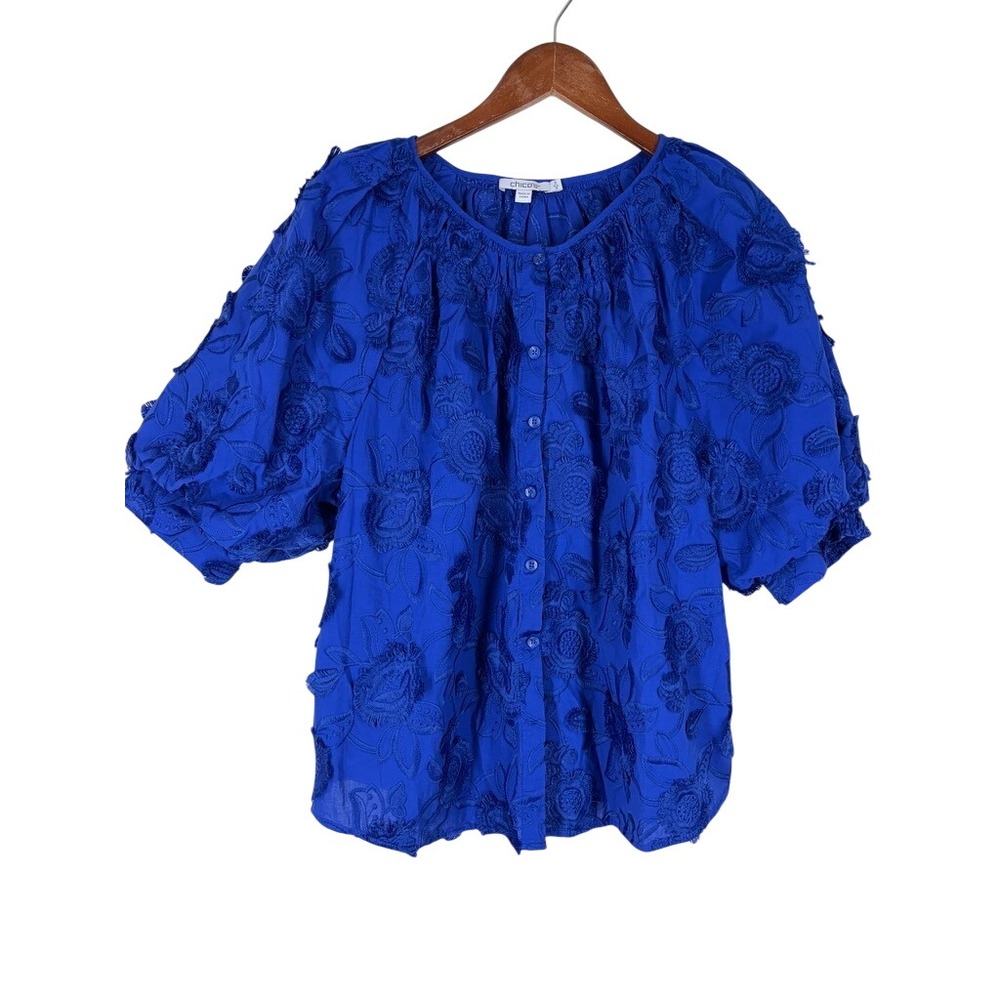 Chico's Womens Blouse 3 XL Royal Blue Floral Embroidered Button Up Top Peasant